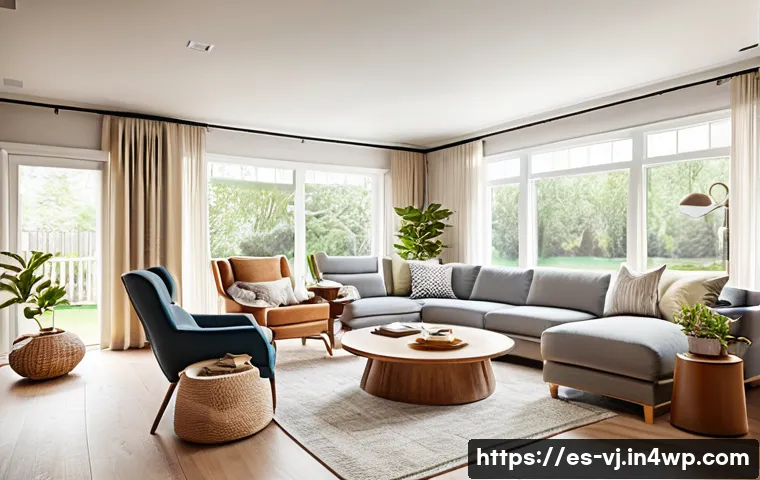 국내 멀티제너레이션 주거의 사례 연구 - A spacious, sunlit multigenerational living room featuring modular furniture such as sectional sofas...