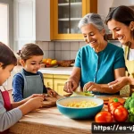 멀티제너레이션 주거의 심리적 이점 - A warm, cozy family kitchen scene in a modern Spanish home where three generations—grandparents, par...