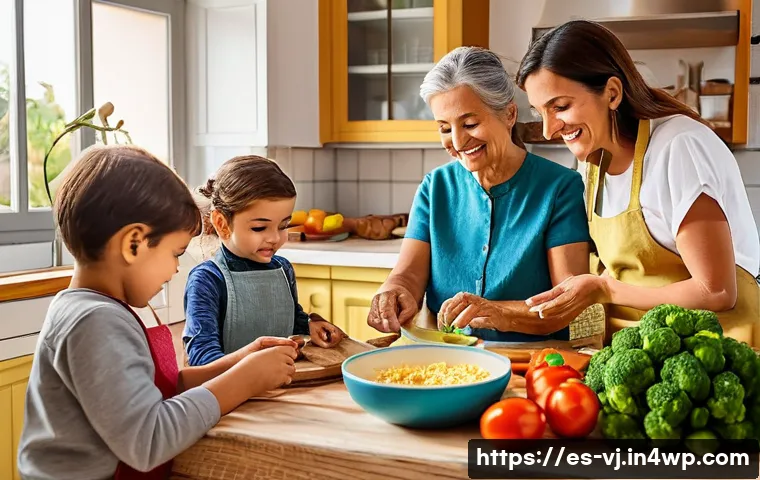 멀티제너레이션 주거의 심리적 이점 - A warm, cozy family kitchen scene in a modern Spanish home where three generations—grandparents, par...