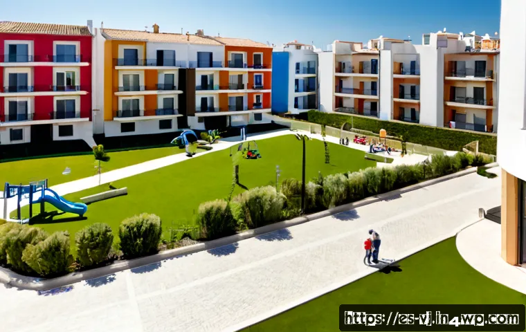 Home 17 멀티제너레이션 주거 친화적 아파트 단지 소개 - Photorealistic wide-angle view of a modern multigenerational apartment community in a sunny Spanish ...